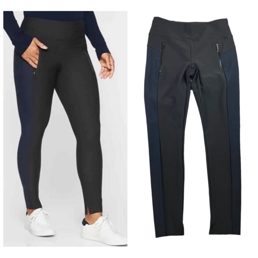 LIKE NEW ATHLETA Stellar Tights Black Navy Work Travel Commute Pants/Leg…